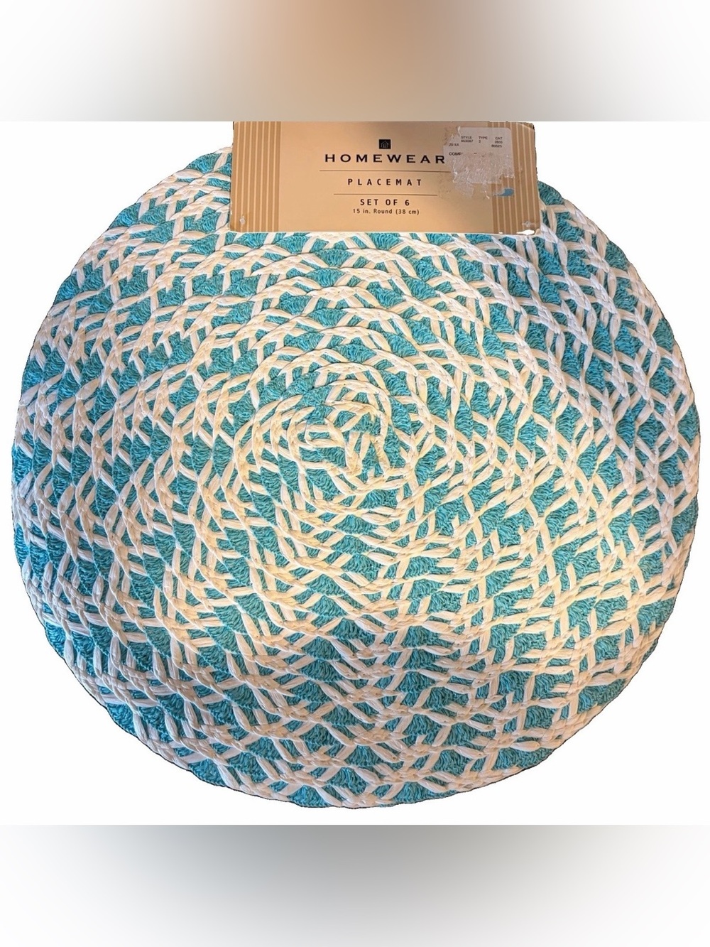 Homewear Woven Round Placemats Set of 6 Teal Blue White 15" Coastal Table Mats